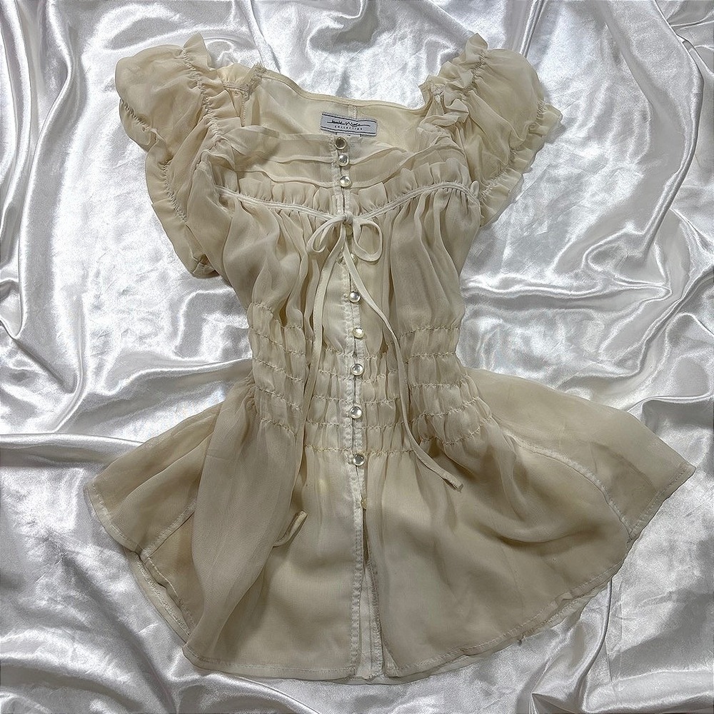 y2k Silk Blend Blouse Cream Excellent Sheer Smocked Ruffle Button Front Top 1X